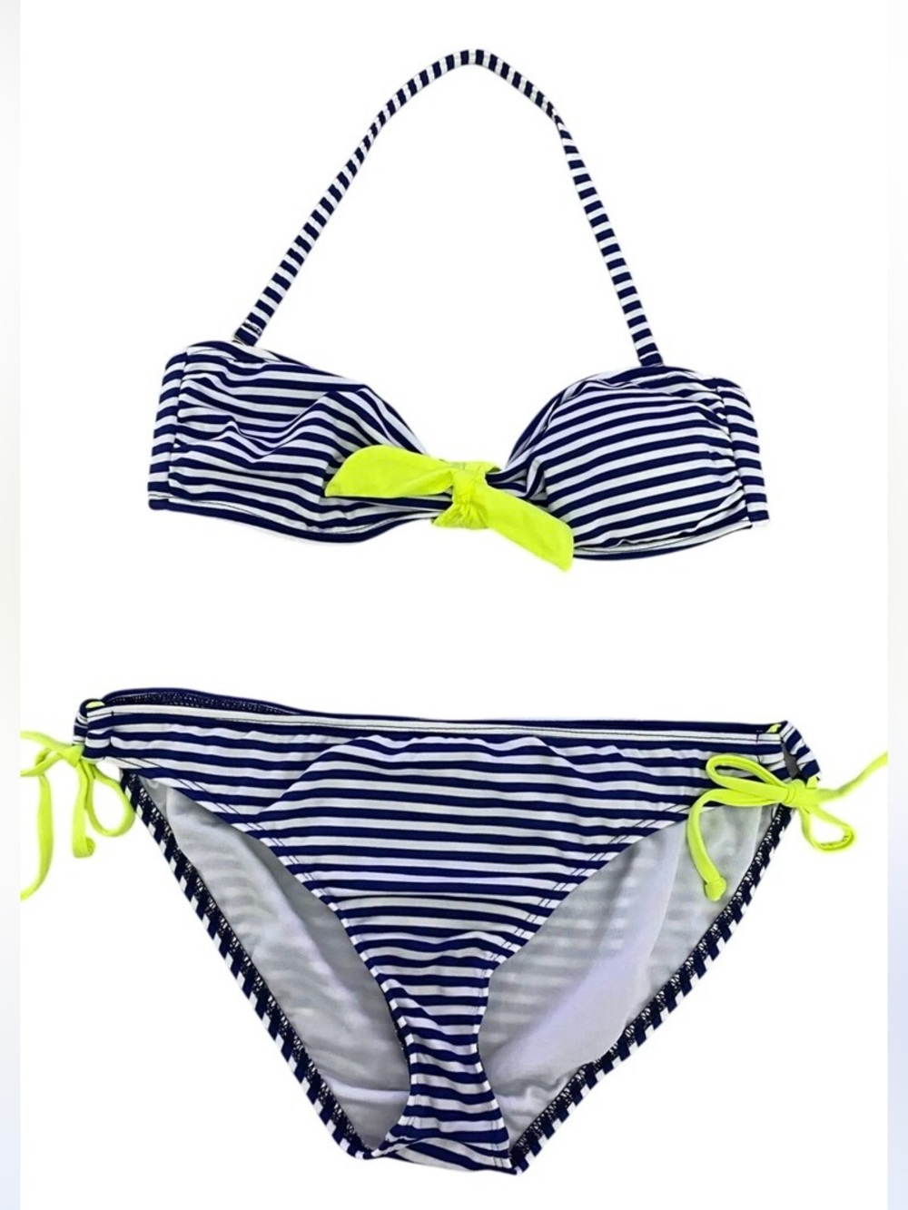 Splendid Navy & White Striped Bikini with Neon Yellow Accents